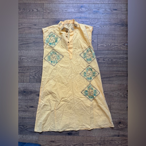 Artisan hand painted primitive vintage slip sun midi dress in warm yellow - Picture 1 of 8